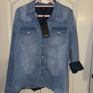 True Religion Denim Western Shirt Light Wash Long Sleeve Button Snap Up Size XL